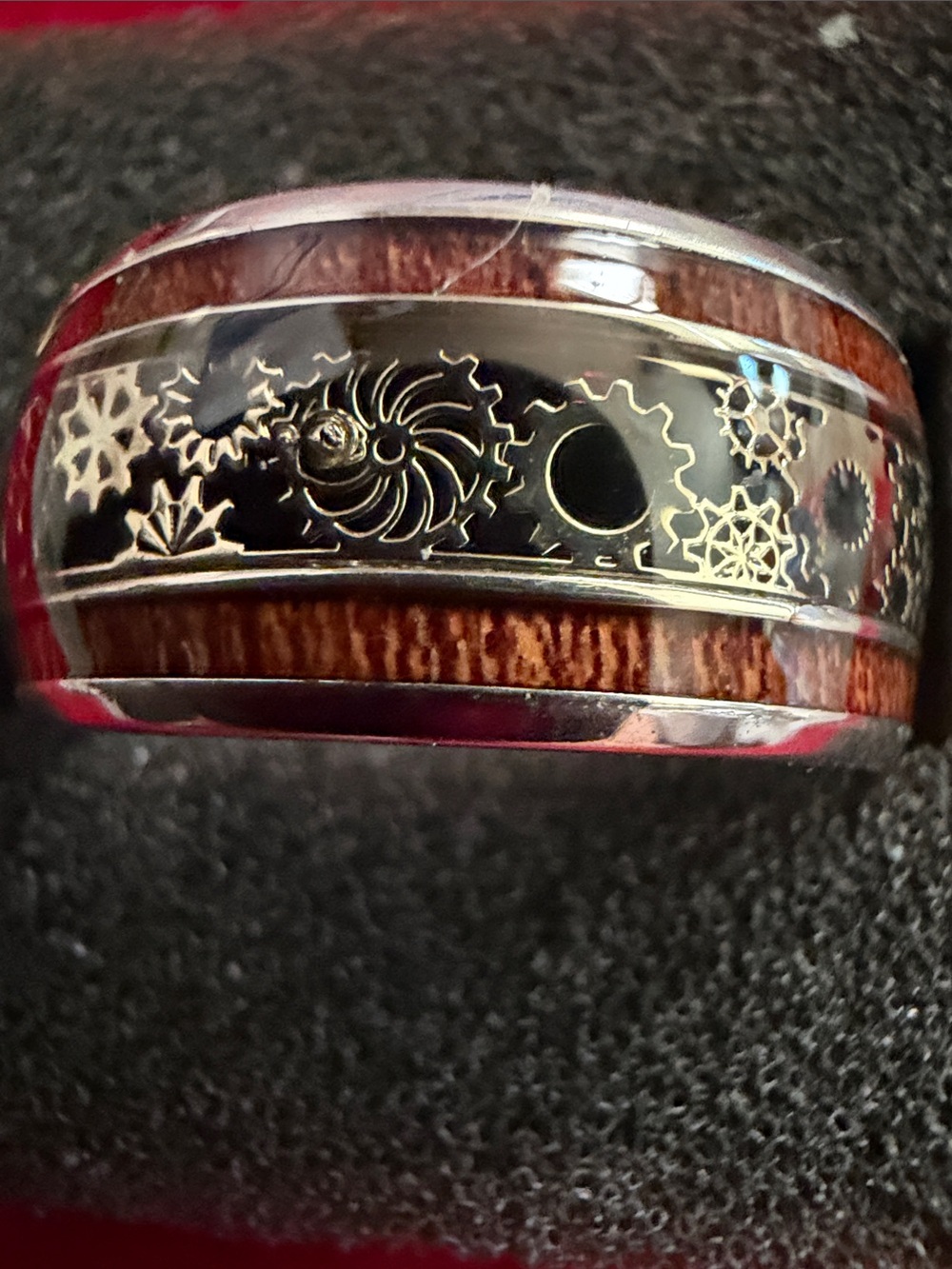 Wood Inlay Gear Ring, Brown & Black, SZ 9, (J296)